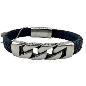NWT Steel Time Stainless Steel Curb Link Braid Blue Leather Unisex 7.5” Bracelet